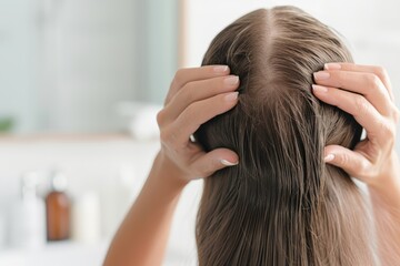 Fototapeta premium A woman adjusting her wet hair after showering, with a focus on the back of her head, showing hair care in a bathroom setting.