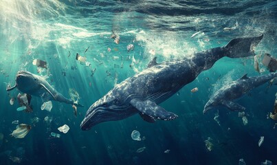 Whales swim in polluted ocean waters.