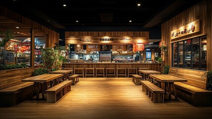 A modern, minimalist restaurant interior with wooden walls, tables, and benches.  The space is lit by warm overhead lights and features a bar counter in the background.