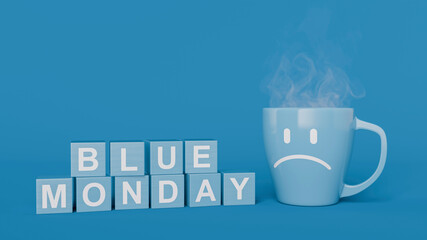 Sad mug and blue monday blocks expressing depression concept