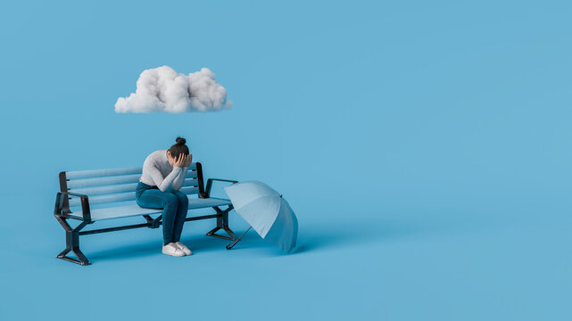 Sad woman sitting on a bench with umbrella and cloud overhead