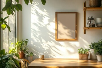 Stylish and sunny interior of kitchen space with wooden table with brown mock up photo frame, design chairs and bamboo shelf. Scandinavian room decor with kitchen accessories and beautiful