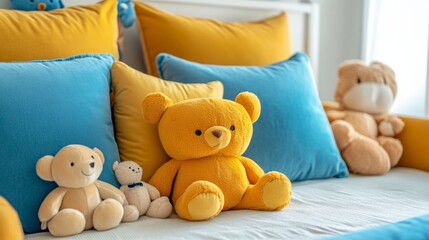 Bright and cheerful kids room with a bed decorated with blue and yellow pillows, surrounded by soft plush dolls