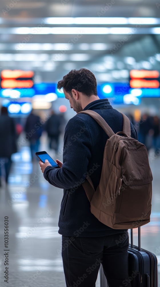 Poster young man is standing in a busy airport terminal, checking his flight information on his smartphone.