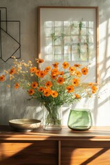 Fototapeta premium Fresh blooms in bright orange and yellow sit atop a wooden sideboard, framed by geometric decor and a retro glass dish, creating a cheerful modern space. Mock, Generative AI