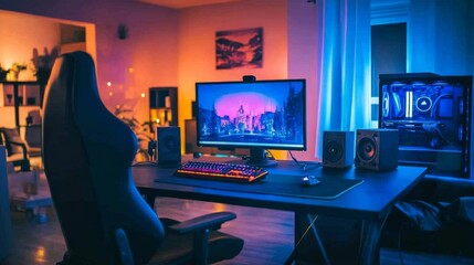 Comfortable room interior with black leather chairs, a glowing computer screen, and yellow LED strip lighting.