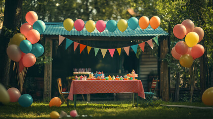 A cheerful outdoor gathering with a colorful banner hanging above a party table, surrounded by balloons and fun party hats 