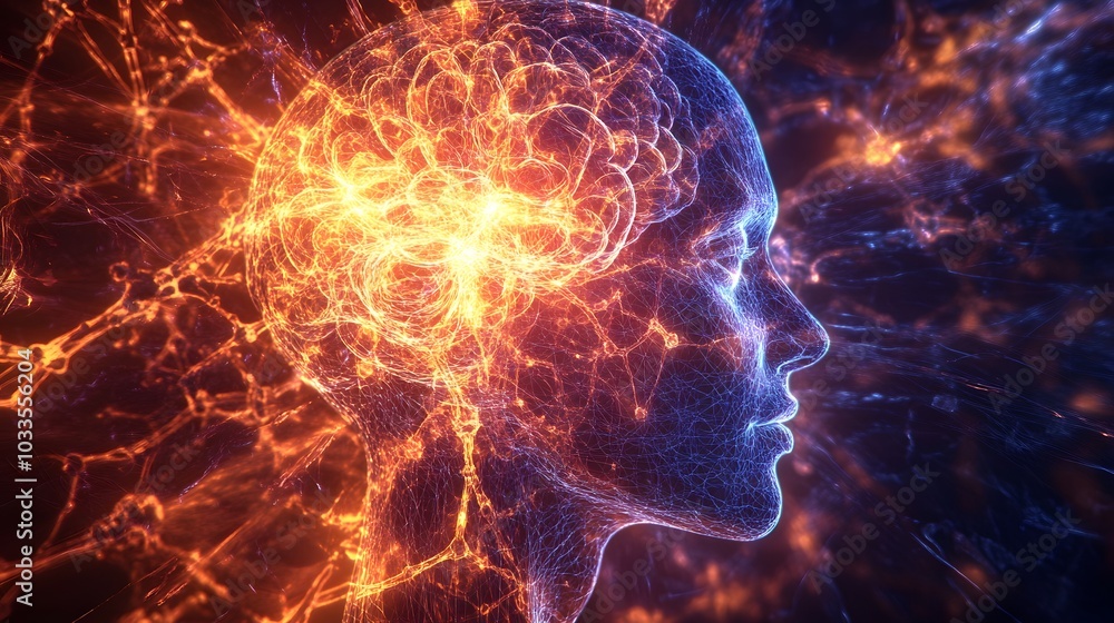 Poster a digital rendering of a human head with glowing brain and nervous system