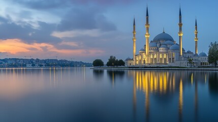Naklejka premium Majestic Mosque by a river at evening time.
