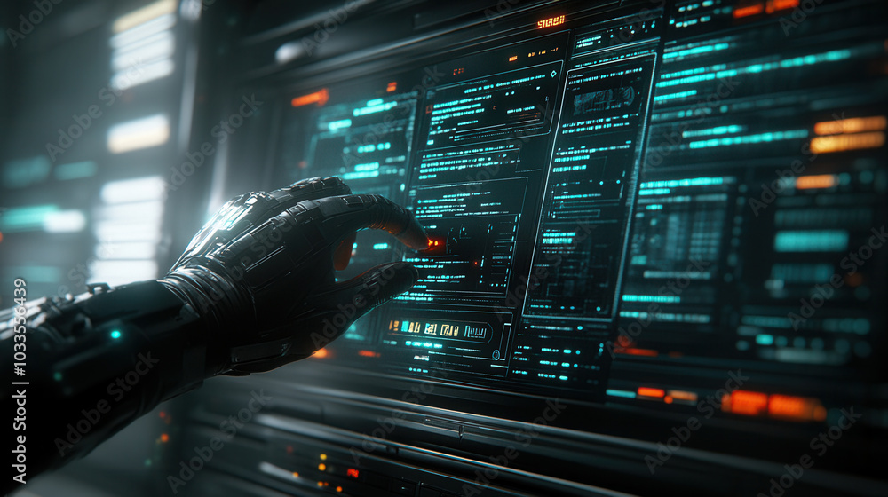 Poster close up of robotic hand interacting with futuristic control panel, showcasing advanced technology a