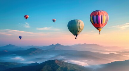 Fototapeta premium Colorful hot air balloons fly over a beautiful valley at sunset
