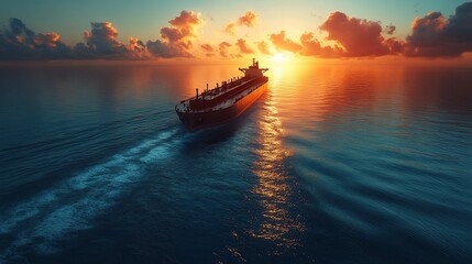 Fototapeta premium A large cargo ship sails through the ocean at sunset, with the sun setting behind it and casting a golden glow on the water.
