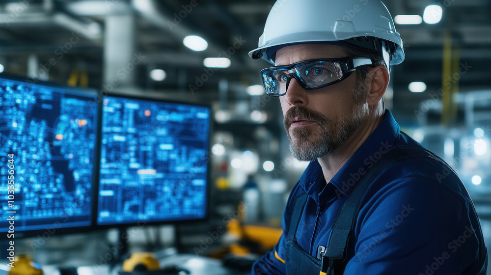 Poster engineer overseeing mining operations, wearing safety gear and glasses, focused on computer screens 