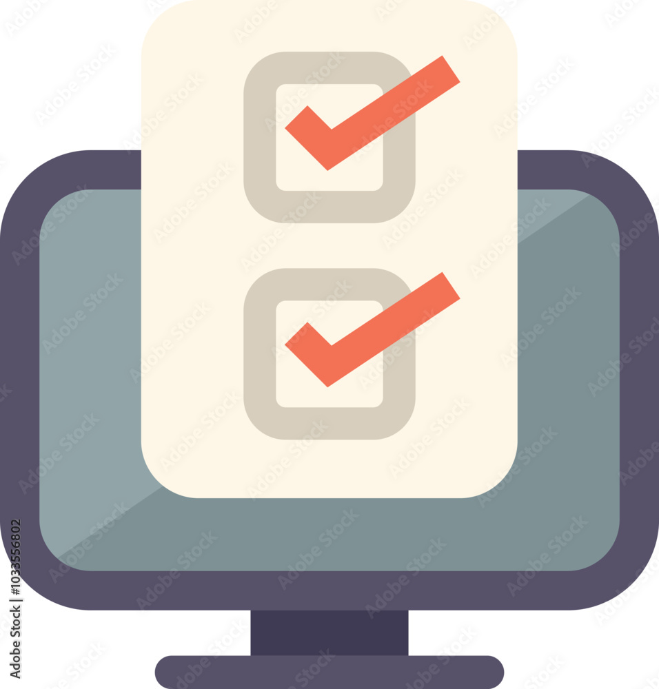 Poster desktop computer displaying a checklist with checked boxes, embodying the concept of online survey a
