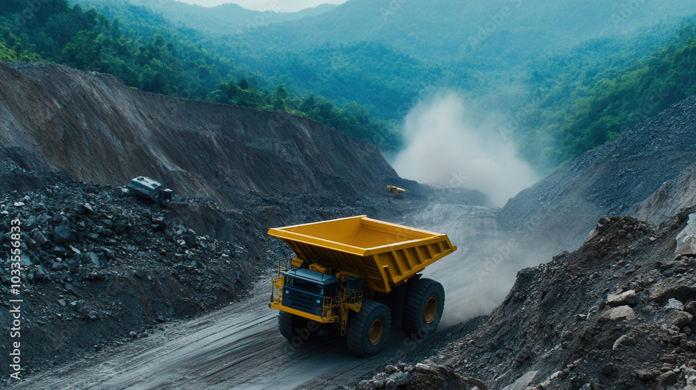 Poster massive dump truck navigating open pit mining site surrounded by mountains and trees, showcasing sca