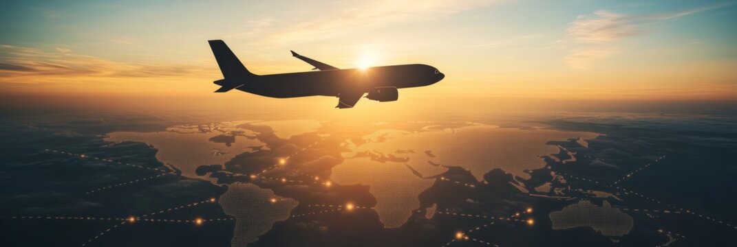 Silhouette of an airplane flying over a world map at sunset, symbolizing global travel, connections, and the beauty of flight