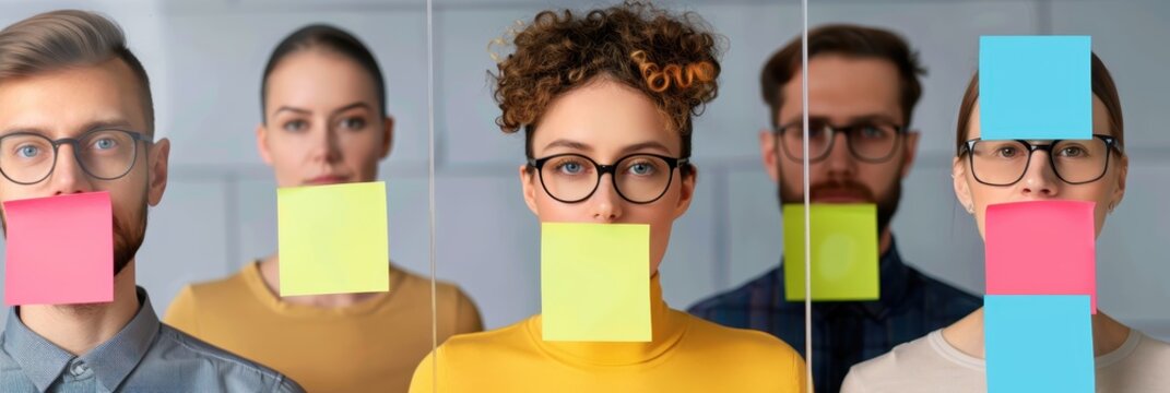 Group of diverse people with sticky notes on their mouths, symbolizing silence and communication. Concept of anonymity and mindfulness.