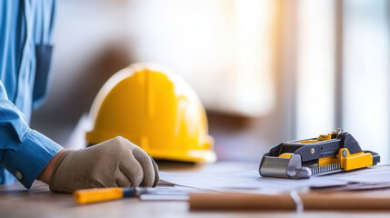 Construction tools and safety gear are essential for any building project. worker is seen preparing plans with yellow hard hat and measuring tools, emphasizing importance of safety and precision in