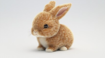 Obraz premium A cute brown bunny with white chest and pink ears is sitting on a white background.