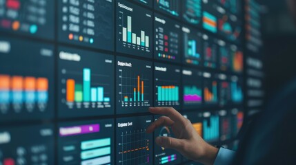Hand pointing at financial data on a digital screen filled with charts and graphs, analyzing stock market trends and investment opportunities.