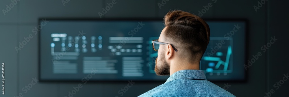 Poster man analyzes data on a digital screen in a modern office setting. focus on technology and business i