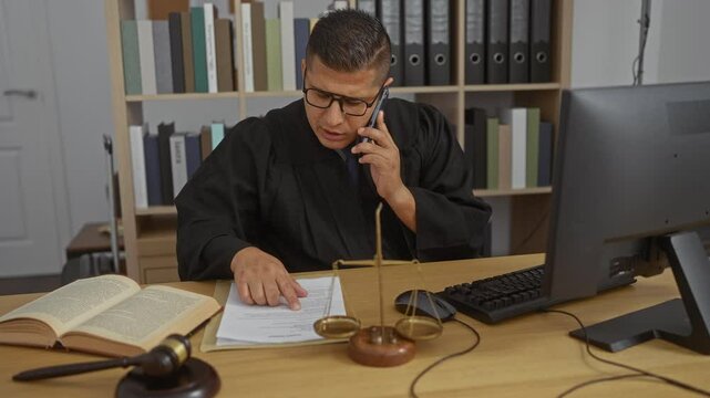 Young man in a judge's robe talks on the phone and reads documents at his desk in an office setup with law books and a computer.