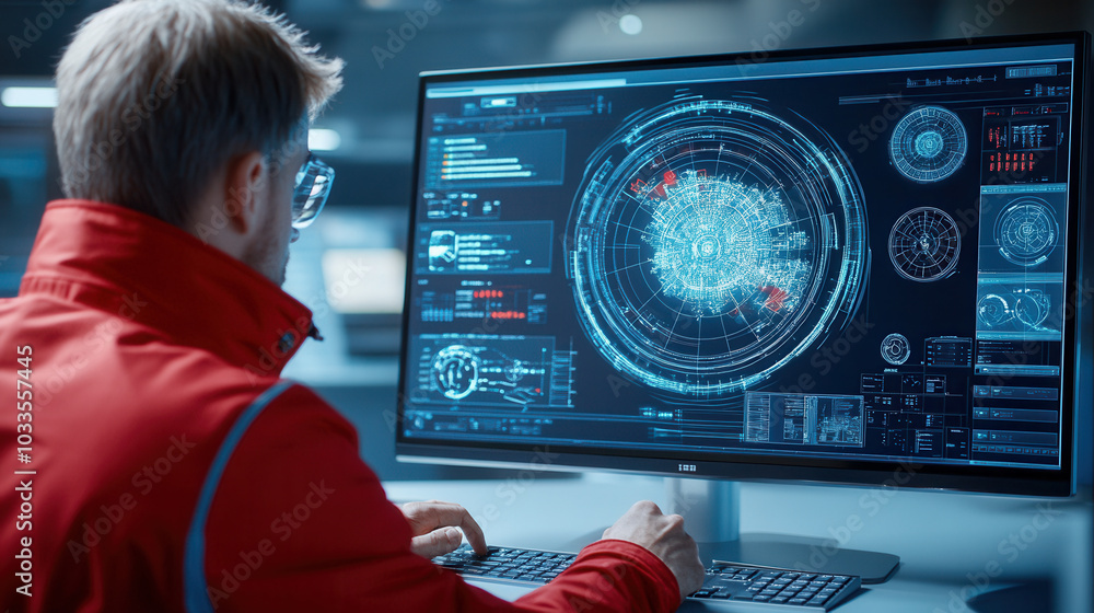 Poster focused individual in red jacket is analyzing complex data on high tech monitor, showcasing intricat