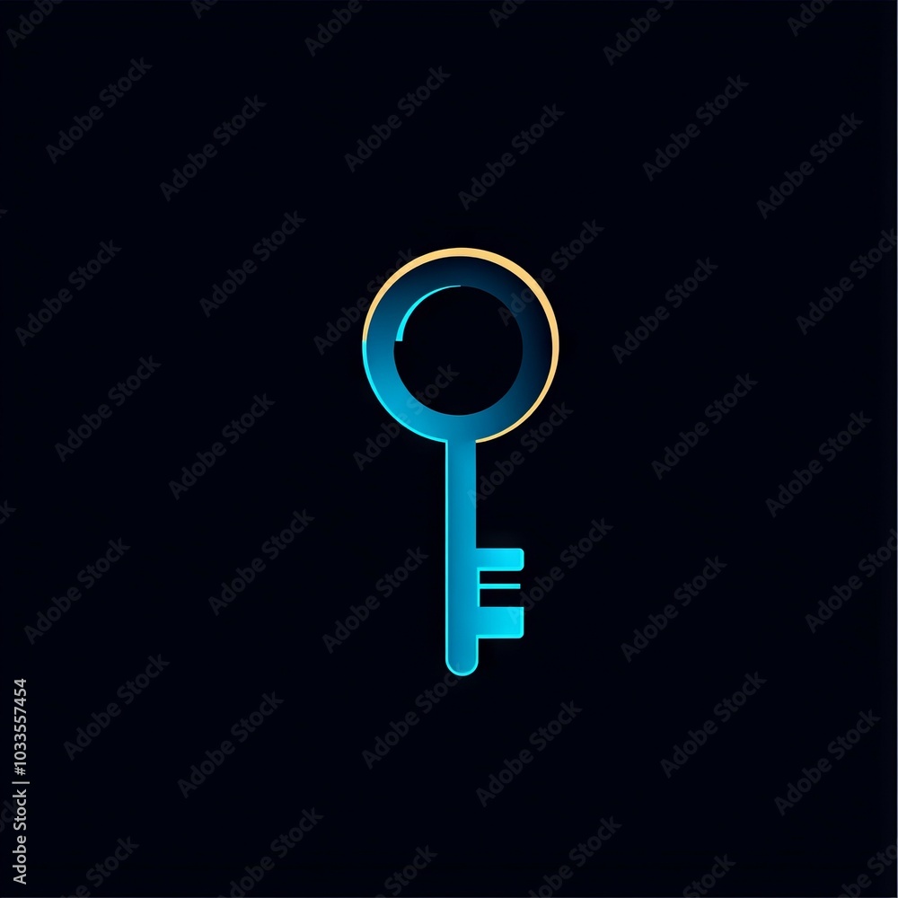 Poster blue key icon. abstract key icon with glowing blue outline and a yellow highlight. represents access