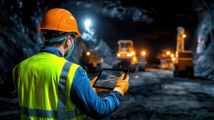 mining engineer in protective suit uses digital tablet to monitor operations in dark mine. scene conveys sense of safety and technology in mining