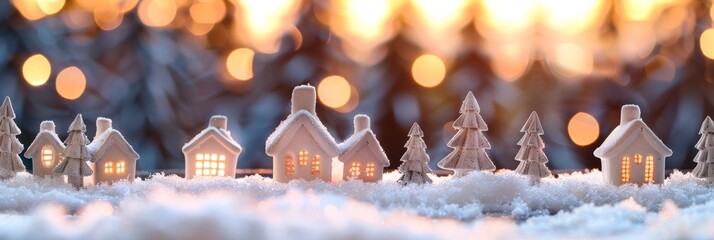 Step into the magical winter village with twinkling houses and snowy scenery, ideal for a serene and snug gathering amidst festive decor, creating a tranquil and festive atmosphere