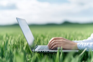 A person typing on a laptop in a lush green field under a bright sky, symbolizing remote work and nature connection.