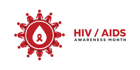 Hiv Aids Awareness Month. Peoples, blood and ribbon. Great for cards, banners, posters, social media and more. White background.