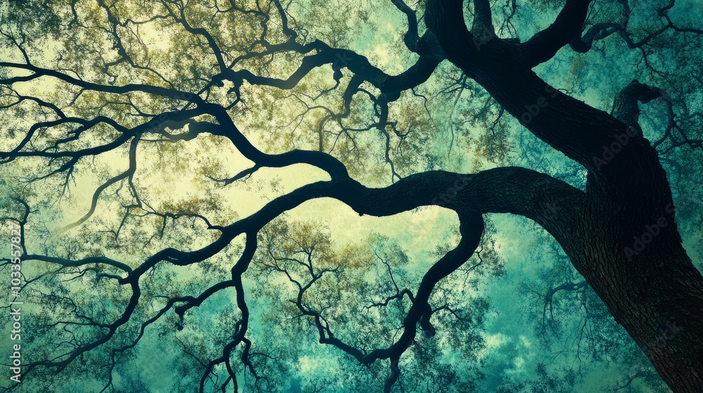 Poster tree branches sky. view from beneath a large tree with sprawling branches against a blue sky. the im