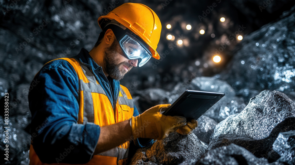 Aufkleber mining engineer inspects rock formations while using tablet in underground mining tunnel. scene capt