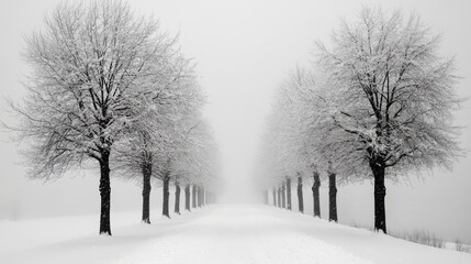 Obraz premium Serene winter landscape with snow-covered trees in a tranquil forest setting, showcasing frosted branches and a peaceful atmosphere under a clear blue sky, perfect for capturing the beauty of winter n