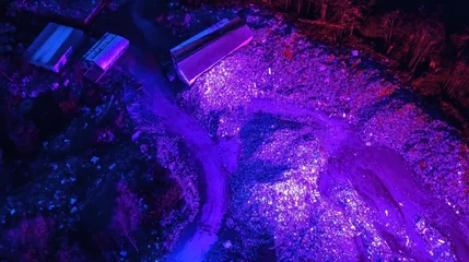 Handdoek met foto Meisjeskamer Aerial view of a landscape illuminated with purple lighting, featuring curves and scattered objects, creating a vibrant and artistic ambiance.  © TPS Studio