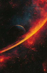 long vertical saturn rings, bright yellow, red and blue colors, asteroids, vast black outer space universe, nebulas, dreamy filter effect, orbit, portals, Andromeda galaxy, anime drawing style