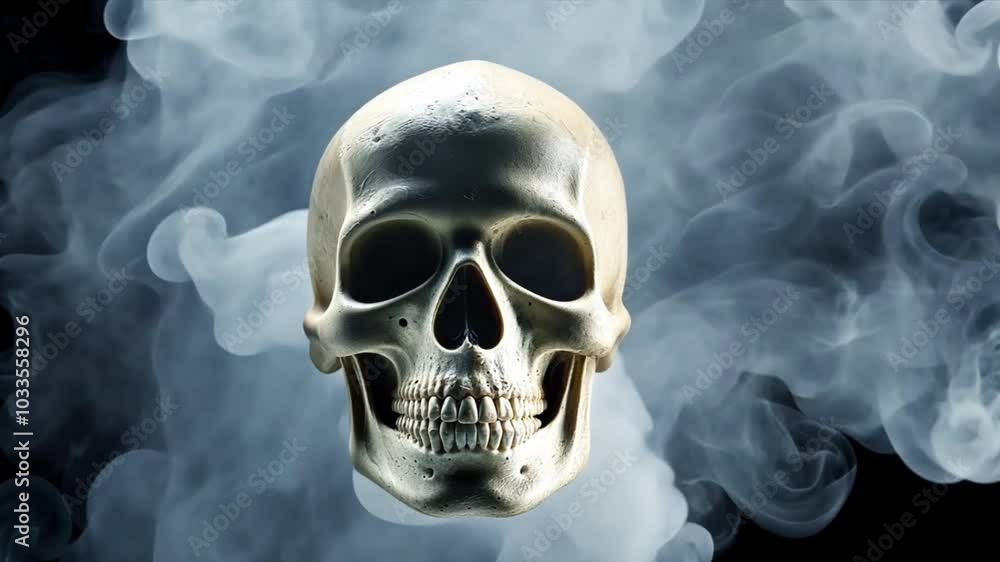 Poster a skull is shown in the middle of a cloud of smoke. the skull is surrounded by a dark background, an