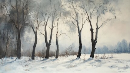 Serene winter landscape with snow-covered trees in a tranquil forest setting, showcasing frosted branches and a peaceful atmosphere under a clear blue sky, perfect for capturing the beauty of winter n
