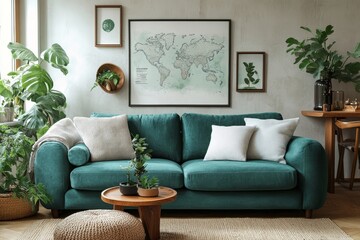 Stylish scandinavian living room interior of modern apartment with wooden commode, design armchair, carpet, leaf in vase, table lamp and personal accessories in unique home decor, Generative AI