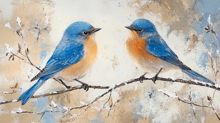 Fototapeta premium Two bluebirds perched on a snow-covered branch in a serene winter forest setting, capturing the tranquil beauty of wildlife in a cold, frosty landscape with gentle falling snowflakes and crisp air
