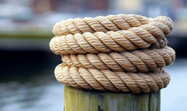 Thick rope wrapped around a wooden post.