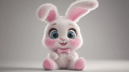 A cute white bunny rabbit with pink ears and a bowtie sits on a gray background.