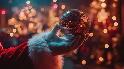 Closeup Santa hand holding a disco ball for Christmas or New Year party against blurred bokeh light background with space for copy