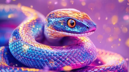 Fototapeta premium Purple snake with glittering scales on the isolated glowing background, New Year animal symbol