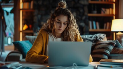 A young woman is working remotely from home at laptop 