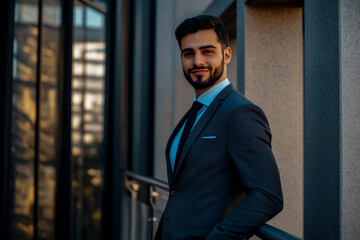 A handsome man in a suit stands on an office building balcony with gray columns behind him.