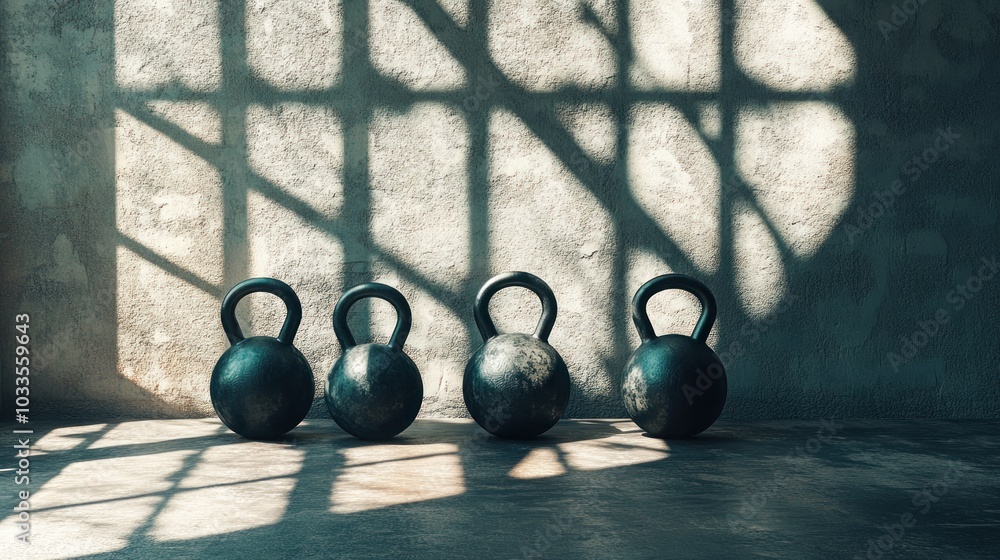 Poster four kettlebells lined up on a concrete floor in a room with a window casting shadows.