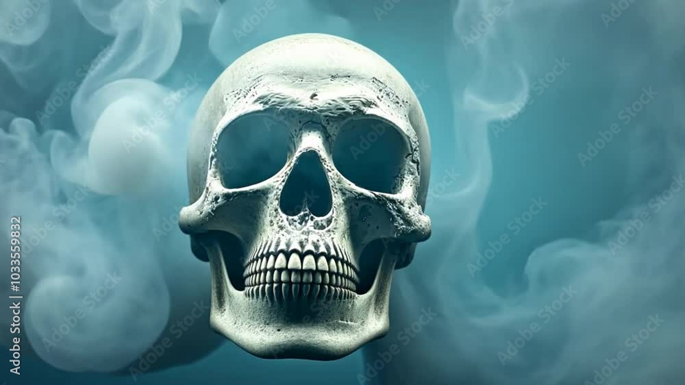Poster a skull is shown in the middle of a cloud of smoke. the skull is surrounded by a dark background, an