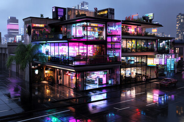 Vibrant modern building at night with reflections.
